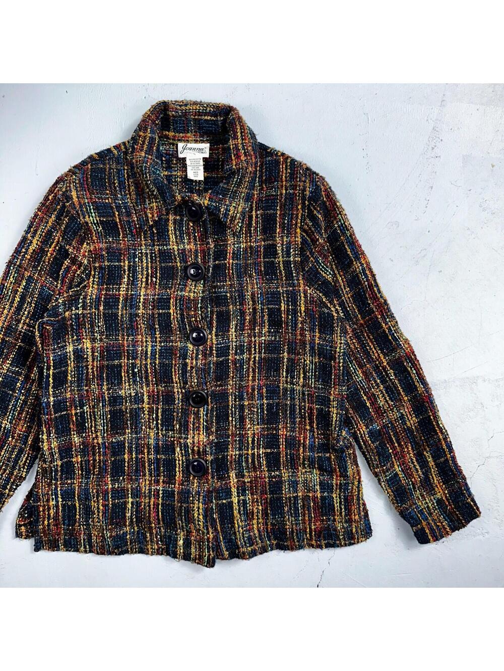 Vintage Cardigan Women M Flannel Jacket Striped USA Made Joanna 80s Multicolor